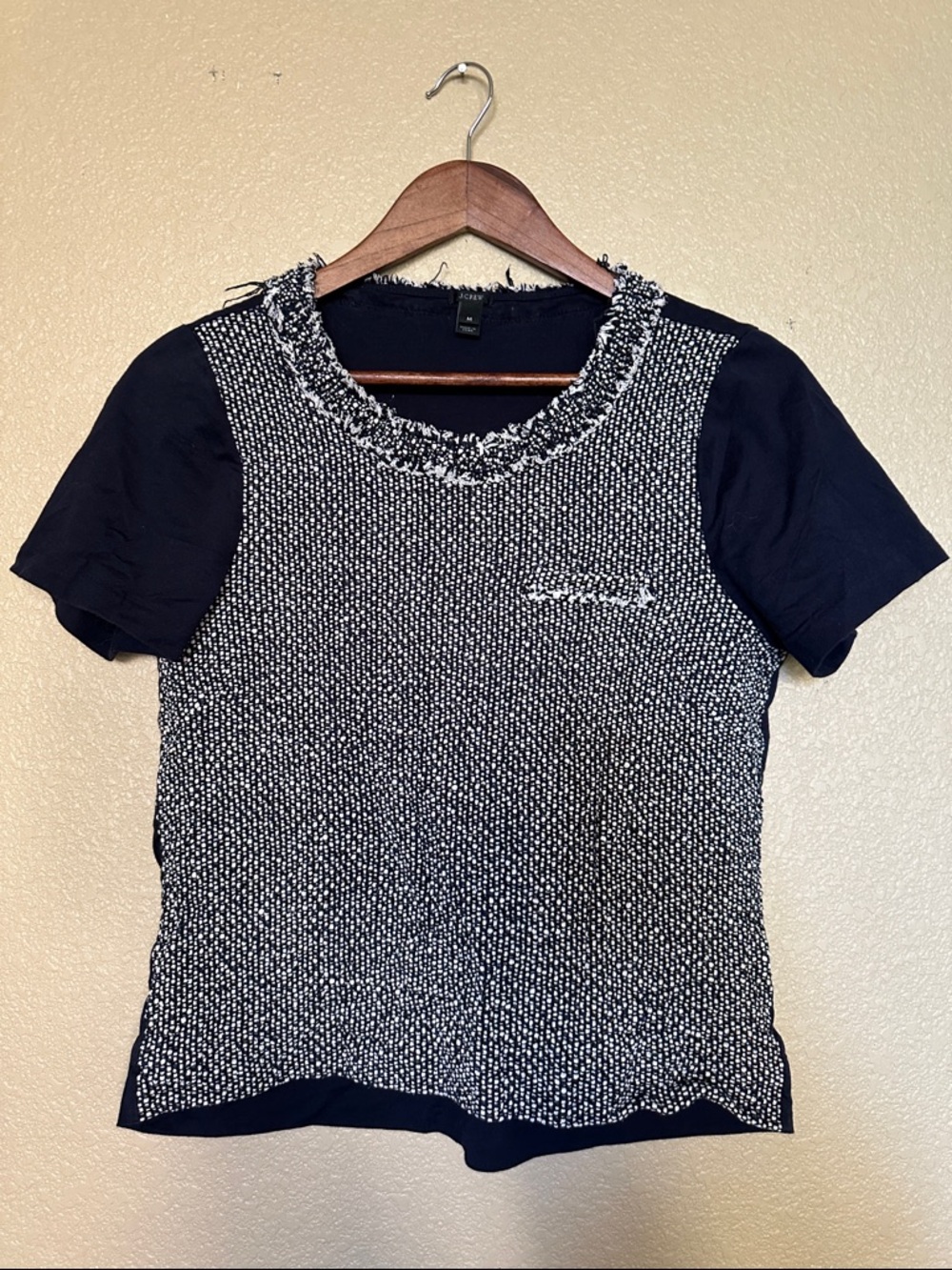 J. Crew Black & White Tweed-Front Short Sleeve Top